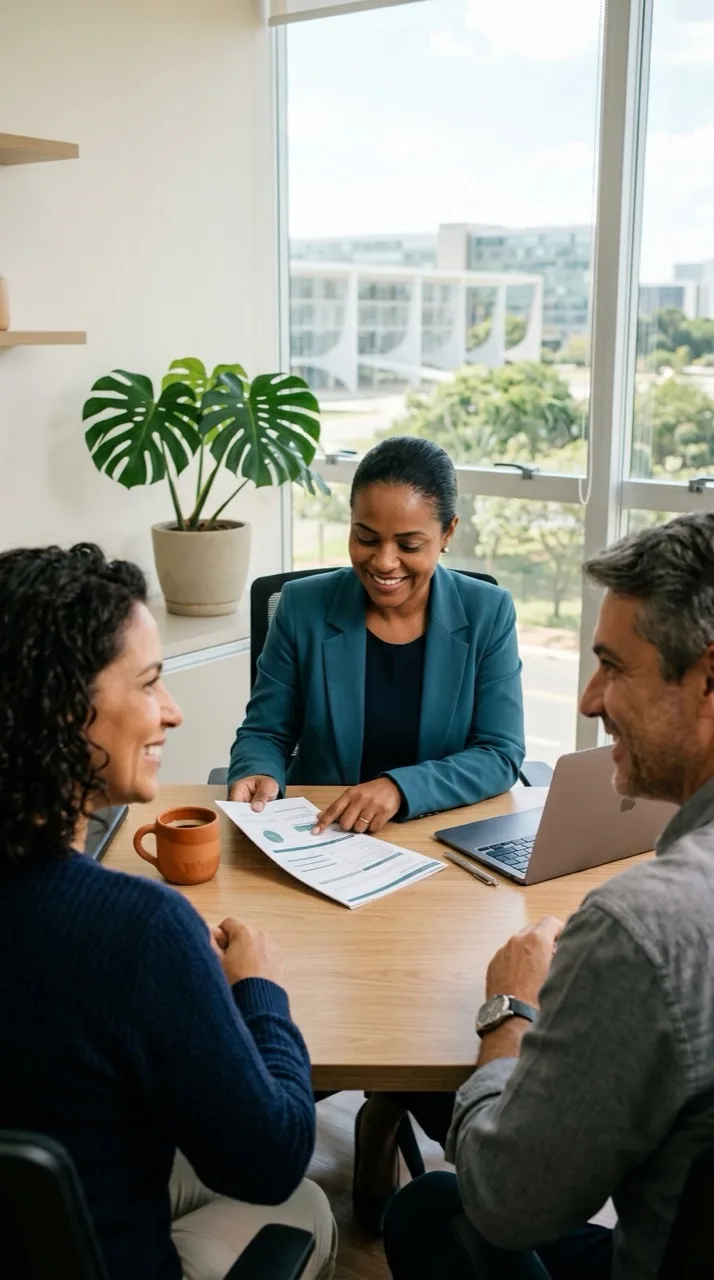 Insurance advisor explaining a document to a couple of clients in a bright office