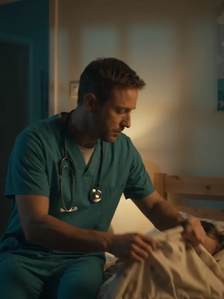 Médico recém-chegado do plantão, ainda de pijama cirúrgico e estetoscópio, cobrindo a filha adormecida na cama do quarto à noite