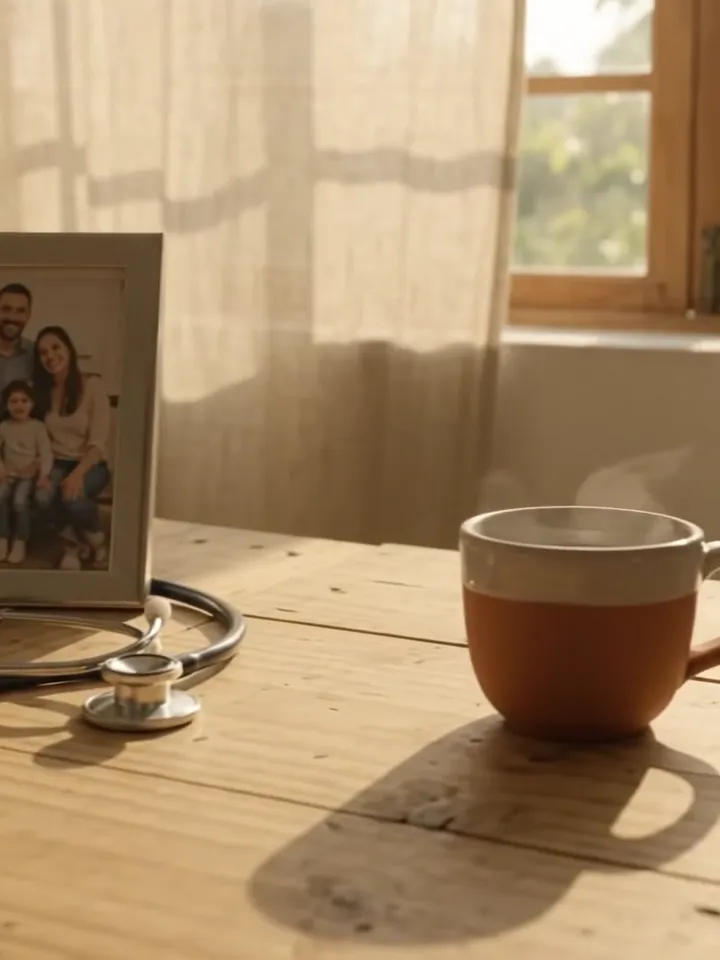 Wooden table at sunset with a family photo frame, a stethoscope and a cup of coffee