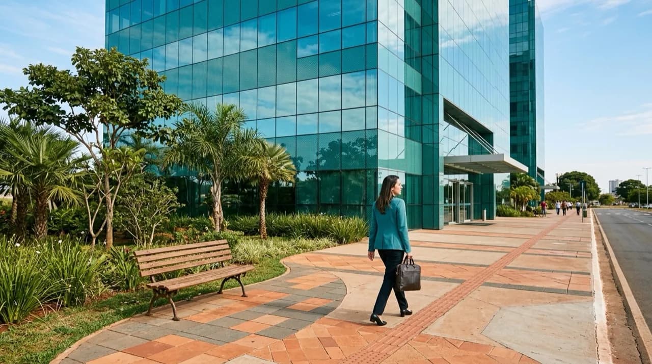 Advisor walking toward the entrance of a glass office building in Brasília