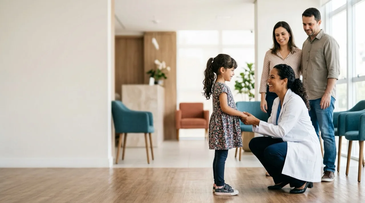 Pediatrician greeting a young girl at a clinic reception, parents standing behind