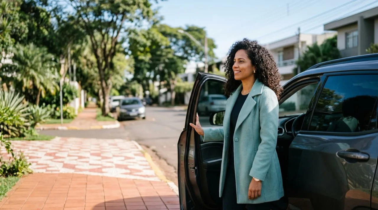 Woman standing beside her car on a tree-lined street in the morning