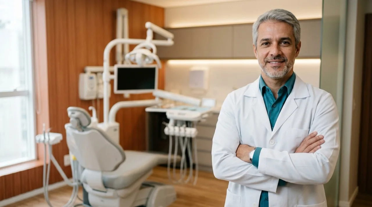 Dentista de braços cruzados em seu consultório, confiante
